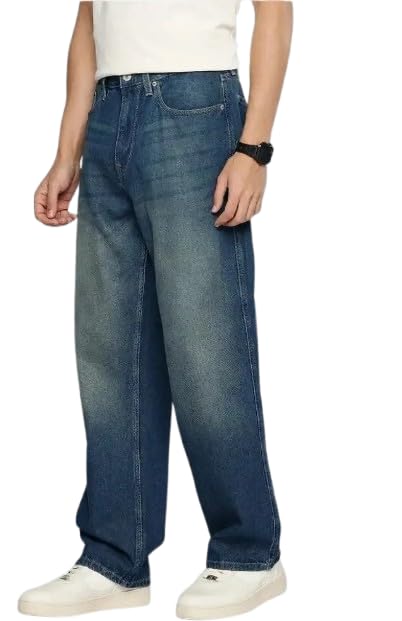 Image of Baggy Fit Denim Jeans for Men, Mid Rise Loose Fit Wide Leg Blue Washed Trousers for Casual Streetwear, Travel, College, Weekend Outings and Everyday Use