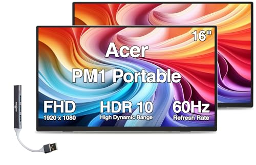 Image of Acer PM1 16 inch Portable IPS Monitor with 6ms Response Time, Anti-Glare, 220 nits Brightness, HDR10, Built-in Speakers, Mini HDMI & Dockztorm USB Port Expander, Black /Silver Color (UM.ZP1AA.J05) 2 Pack