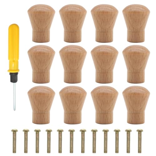 Wondora 12 Stück Möbelknöpfe Holz, Hölzerne Schrankgriffe Holz, Holzgriff, Runde Knöpfe für Schränke mit Schrauben und Schraubendreher für Möbel, Küche, für Kommoden, Schranktüren, Schubladen (A)