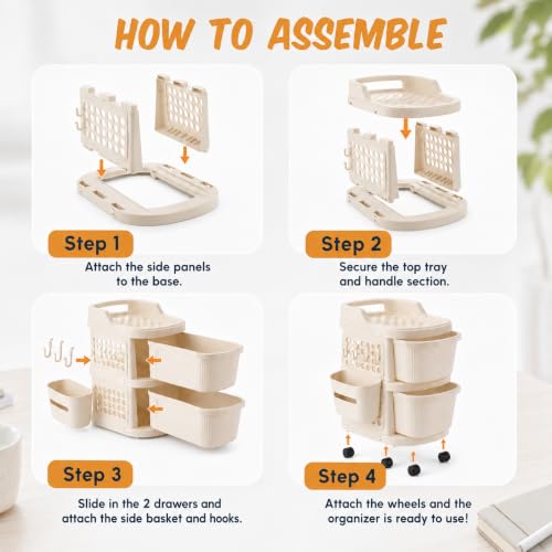 Image of Homeor 6 Tier Plastic Storage Drawer Cabinet with Wheels, Modular Chest of Drawers Organizer with Side Basket & Handle, Storage Trolley Rack for Home, Kitchen, Bedroom, Kids Room (Ivory)
