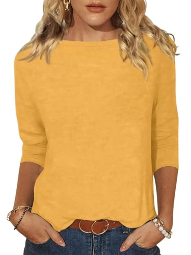 Minetom Tshirt Damen 3/4 Arm Shirt U-Boot Ausschnitt Leichte Pullover Tops Basic Oberteil Sommer Herbst A Gelb L