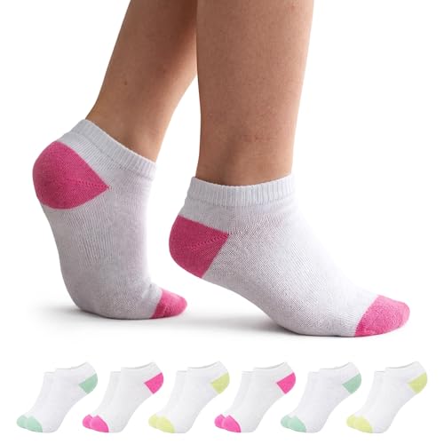 Image of 6 Pairs Trainer Ankle Socks Unisex | Black/White Coloured Heel Toe | Indoor/Outdoor Sports, Running, Athletic Girls Socks | Home, School, PE, Soft, Durable & Quick Drying | 4-14 Years