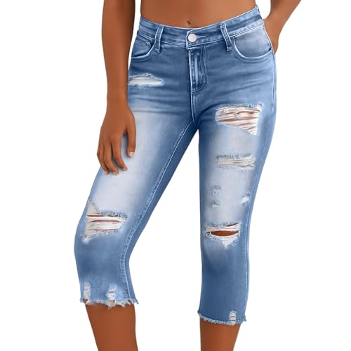 Denim Capri Pants for Women Stretchy High Waisted Skinny Ripped Jeans with Pockets Cute Cut Off Hem Crop Denim Pants