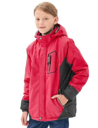 MoFiz Chaquetas de Esquí para Niño Invierno Forro Cálido Abrigo Impermeable de Nieve Montaña Antiviento con Capucha Desmontable Rojo/Gris oscuro L(13-16años) - imagen 2