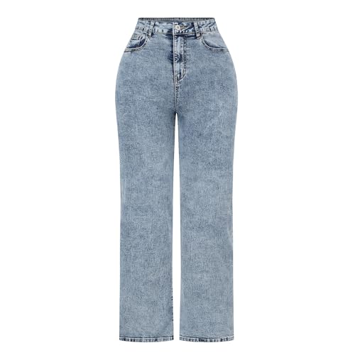THUNDER STAR Womens High Waisted Wide Leg Jeans Stretchy Distressed Denim Pants Acid Wash XL