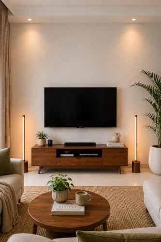 Image of Modern LED Floor Lamp with Wooden Base, 45 Inch Slim Ambient Standing Lamp, Warm Light Decorative Floor Light for Living Room, Bedroom, Corner