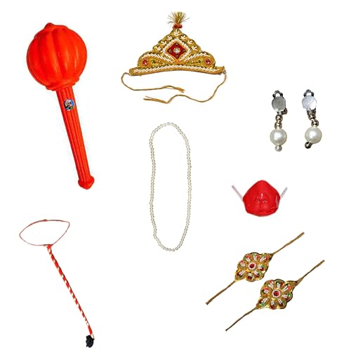 Image of Kaku Fancy Dresses Plastic Hanuman Jewellery For Kids | Hanuman Costume Accessories with Gada For Kids | Hanuman Fancy Dress Mask For Ramleela Play & Stage Shows, Multi