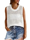 Fisoew Womens Summer Crochet Tank Tops Sleeveless Scoop Neck Loose Knit Sweater Vest Boho Hollow Out Beach Cover Ups White