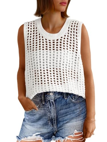 Fisoew Womens Summer Crochet Tank Tops Sleeveless Scoop Neck Loose Knit Sweater Vest Boho Hollow Out Beach Cover Ups White