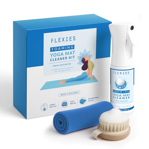 Image of Flexies Foaming Yoga Mat Cleaner Spray Kit, Plant Based Non Toxic Mat Cleaner with Brush and Microfiber Cloth, Yoga Essentials for Women and Men, Pilates Mat Care, Fragrance Free