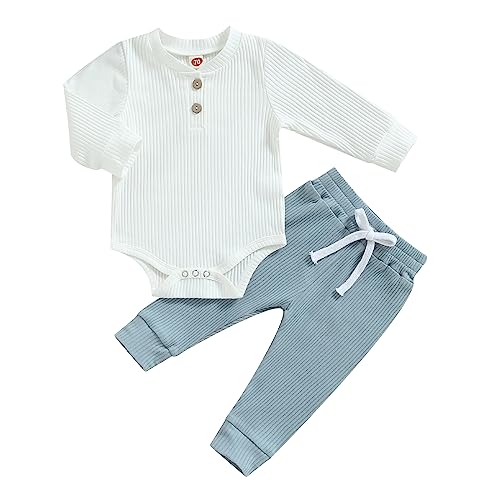 Image of Newborn Baby Boy Girl Clothes Ribbed Knitted Long Sleeve Romper Pants Solid Cotton Infant Fall Winter Outfits 2Pcs