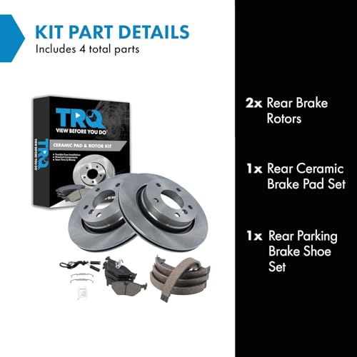 Image of TRQ Rear Brake Pad and Rotor Set Ceramic Parking Brake Shoe Compatible with 2000 BMW 323Ci 323i 328Ci 2001-2006 325Ci 2001-2005 325i