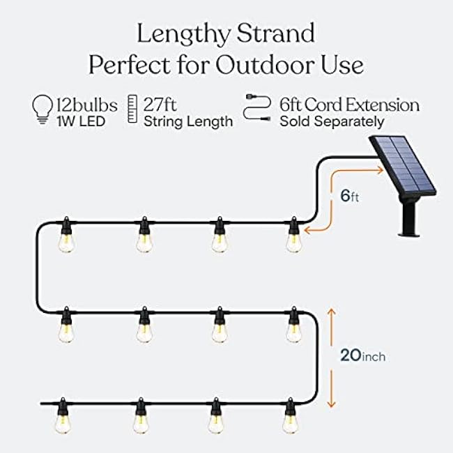 Brightech Ambience Pro Solar Powered Outdoor String Lights -27 ft Commercial Grade Waterproof Edison Patio Lights, Shatterproof LED String Lights for Outside, Porch - 12 Bulbs, 1W Soft White