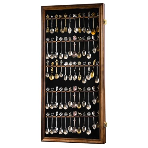 COMSREV 60 Souvenir Tea Spoon Display Case Collection Collector Rack Wall Mount Wooden w/98% UV Acrylic Door Lockable(Fire Burning Color) (60Spoon)