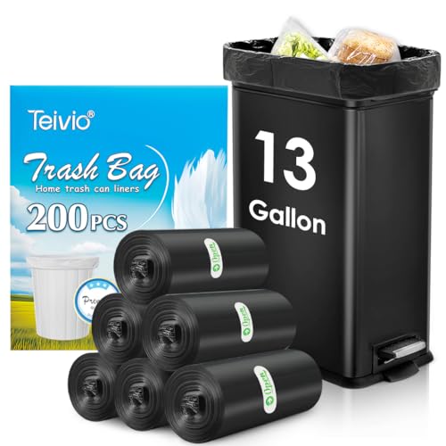 Image of 13 Gallon 200 Count Tall Kitchen Trash Bags 10 Gal 12 Gal 13 Gal fit 50 liter Garbage Bags by Teivio, Waste Basket Bags,Bathroom Trash Can Bin Liners, Plastic Bags for home office kitchen, Black