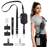 MENUY Einstellbares Handy Band zum Umhängen, Handykette Breit mit Handytasche, Universelles Band für Handyhülle, mit 4 Patches, Kurzem Armband und Abnehmbarer Tasche, Schwarz