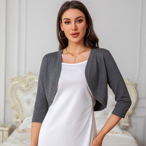 Image of Women's Cropped 3 /4 Sleeve Knit Cardigan - Open Front Bolero Shrug (Dark Gray-M)
