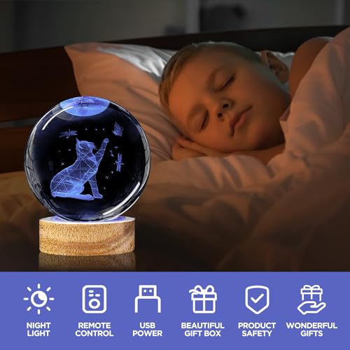 Image of 3D Cat Crystal Ball Night Light with Woodern Base, 3.15 inch Cat Figurines Glass Lamp with 16 Colors Cat Snow Globes Cool Desk Decor Cat Gifts for Women Girl Cat Lovers Kids Friends