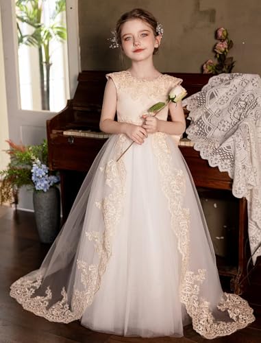 Tulle First Communion Dress for Girls Lace Applique Flower Girl Dress Long Ball Gown with Bow-Knot4