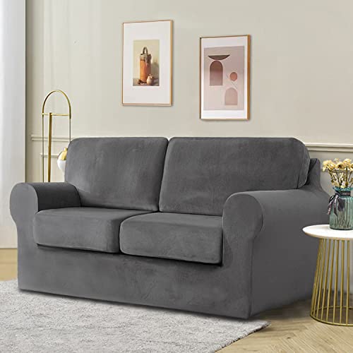 OKYUK Stretch Velvet Sofa Cover,Slipcovers for Sofas with Separate Cushions and Backrests Covers, with Elastic Adjustment Band Slipcover (Grey, 2 Seater-5Pieces)