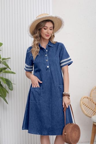 Image of utcoco Denim Dress for Women 2026 Casual Tulle Short Sleeve Button Jean Midi Dress with Pockets