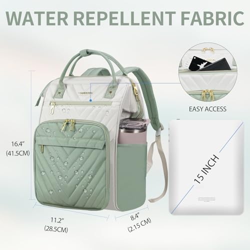 Image of VANKEAN 15.6 Inch Laptop Backpack for Women Fashion Computer Work Bag, Large Capacity Waterproof Backpack, College Daypack Business Travel (Beige-Light Green, 15.6 Inch)