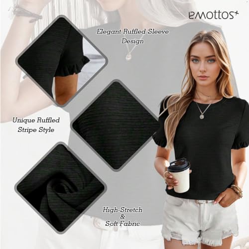 EMOTTOS Tops de Mujer con Volantes Plisados, Camisetas de Verano con Cuello Redondo y Rayas fruncidas y Sueltas, Camisa Casual de Gasa sintética con Cuello Redondo（Negro-L）