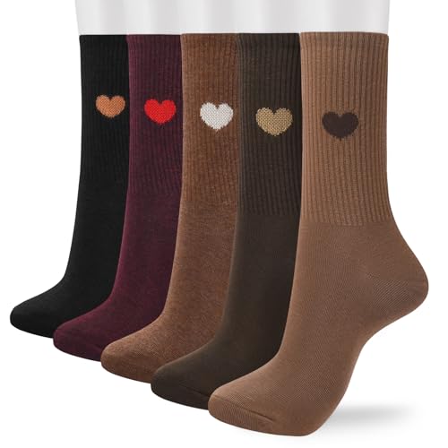 Image of Corlap Women's Cotton Crew Calf Socks - 5 Pairs Ankle High Dress Casual Socks, Fun Cute Heart Gifts for Mom Mother