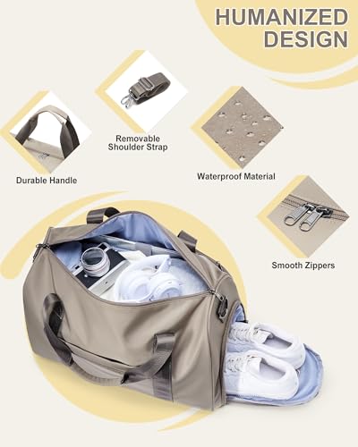 Image of Travel Duffel Bags for Women Mens, Weekender Bag with Shoe Compartment Carry on Overnight Bag with Laptop Compartment Personal Item Travel Bag Gym Bag Hospital Bag Khaki