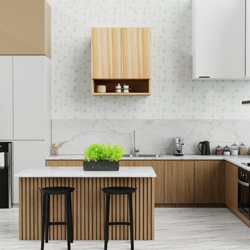 Image of 2 Door Multipurpose Wall Mounted Cabinet with Adjustable & Fixed Shelf | Storage for Kitchen, Bathroom, Office & Living Room | Assembly-DIY | Color-Asian Light | Size-60x33x63.8 Cm