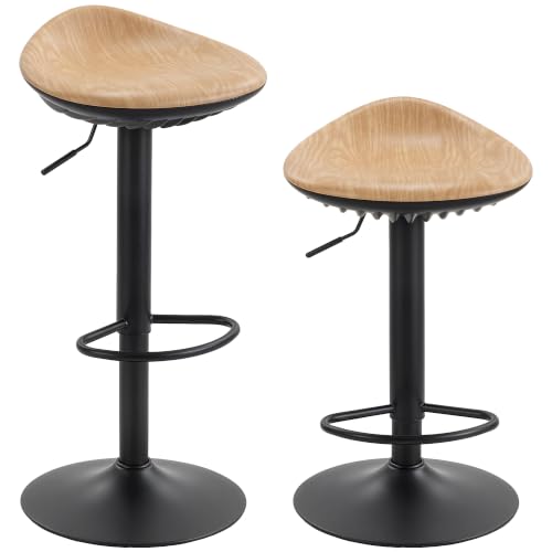 Image of HOMCOM Bar Stools Set of 2 Adjustable Swivel PU Saddle Seats Footrest Oak