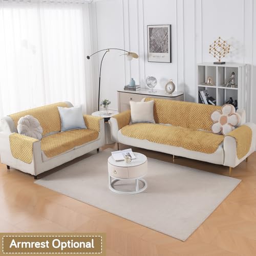 Image of HOKIPO Quilted Sofa Cover 5 Seater - (3+2) for Seat & Back | 'Quilt Classic' Yellow (IN-927 * 2+926 * 2-YLW)