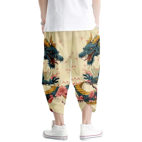 Image of DOSLAVIDA Men's Japanese Kimono Cardigan Suit Chinese Style Printed Jacket Pants Set Open Front Seven Sleeve Top & Shorts