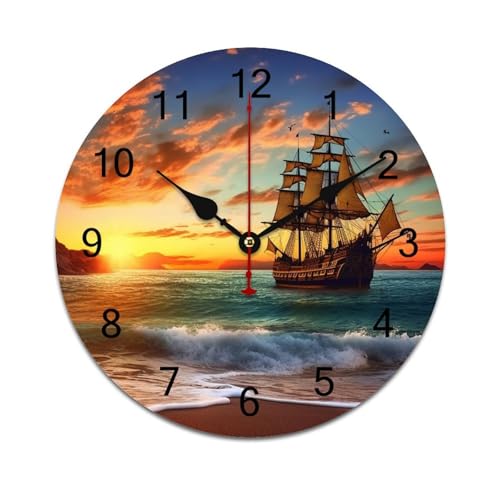 LPAGBCNU Orologio da parete Pirata Nave al tramonto Orologi da parete a batteria in PVC silenzioso senza ticchettio rotondo orologio da parete per soggiorno cucina casa ufficio orologio decorativo da