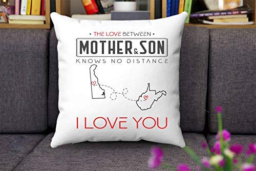 Oti34fgtephe Long Distance Mom-The Love Between Mother & Son Knows No Distance Delaware State And West Virginia State I Love Mommy!-Two State Map Throw Pillow Covers 18x18