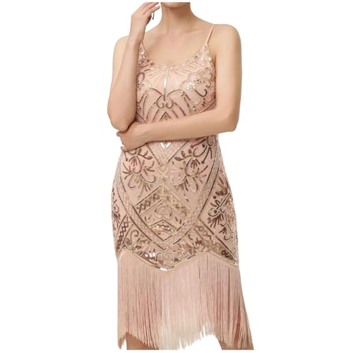 Women's 1920s Flapper Dress Vintage V Neck Sleeveless Slip Dresses Sequin Fringed Beaded 20s Great Gatsby Party Dress Pink