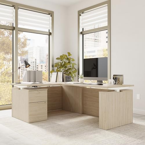 Image of Bush Business Furniture 60-inch Height Adjustable L Shaped Standing Desk with File Cabinet, Ergonomic Sit-Stand Computer Table for Office, Stratus Collection, Natural Elm with White Base