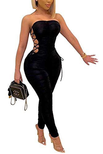 Kafiloe Women Sexy Bodycon Jumpsuit Off Shoulder Sleeveless Lace Up Tube Romper Stacked Long Pants Clubwear Black Xl #TOP16