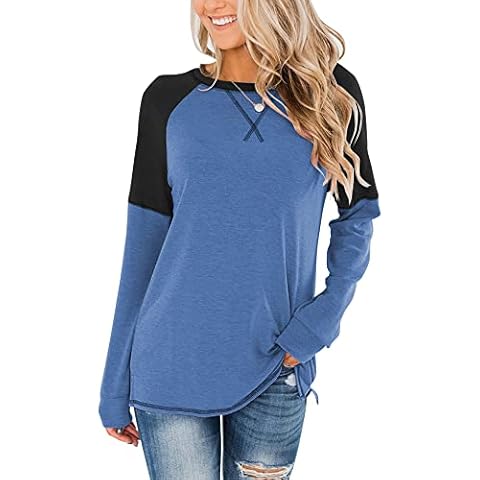 Bingerlily Women's Casual Long Sleeve Tunic Tops Crew Neck Color Block Blouses Blue-black Cover