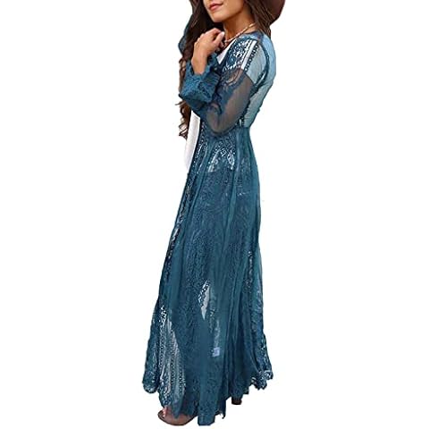 LikeJump Women Lace Floral Cardigan Bikini Cover Up Bohemian Maxi Dress Bathing Suit Kimono A Blue Cover