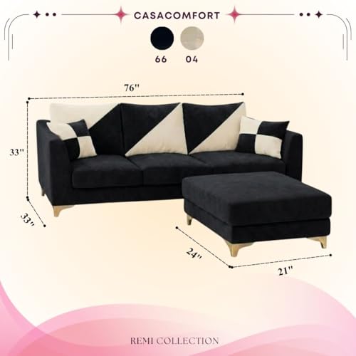 Image of Juliet 4 Seater L Shape Sofa Set with Movable Ottomans | Flexible Layout | Rich Velvet Suede Fabric | Silver Legs | Dual Tone Modern Sofa for Living Room (Black-Cream)