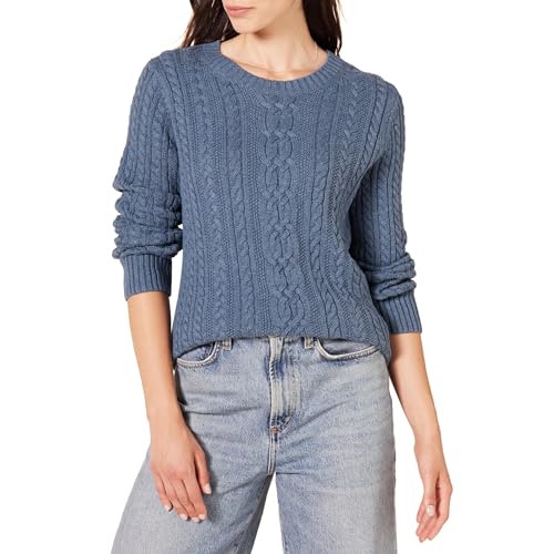 Amazon Essentials Womens Regular Fit Soft Cotton Cable Knit Long-Sleeve Crewneck Sweater Fisherman Style Ribbed (Available in Plus Size) Blue Heather Medium