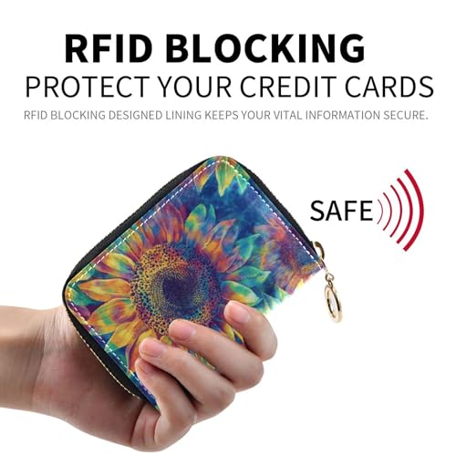 Small Women's Wallet Credit Card Protector RFID Blocking Zip Around Coin Change Purse with Zipper Colorful Sunflower Tie Dye Art2