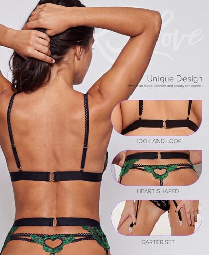 Image of RSLOVE Women Lingerie Set with Garter Belt | Heart Cutout Lace Design, Adjustable Fit, Soft Stretch Fabric, 3 Piece Romantic Lingerie Set