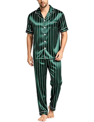 Image of SWOMOG Mens Satin Pajama Set Short Sleeve Classic Sleepwear Button Down Silky Loungewear with Long Pants