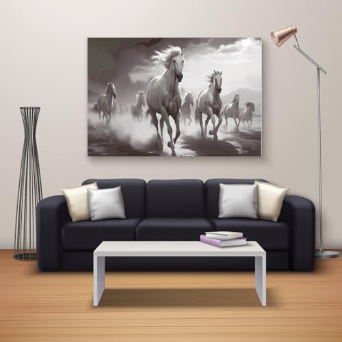 Image of RANGOLI Seven Running Horses Painting | Vastu-Inspired Framed Canvas Wall Art for Home, Office & Living Room | Positive Energy 3D Decor (12 x 18 Inch)