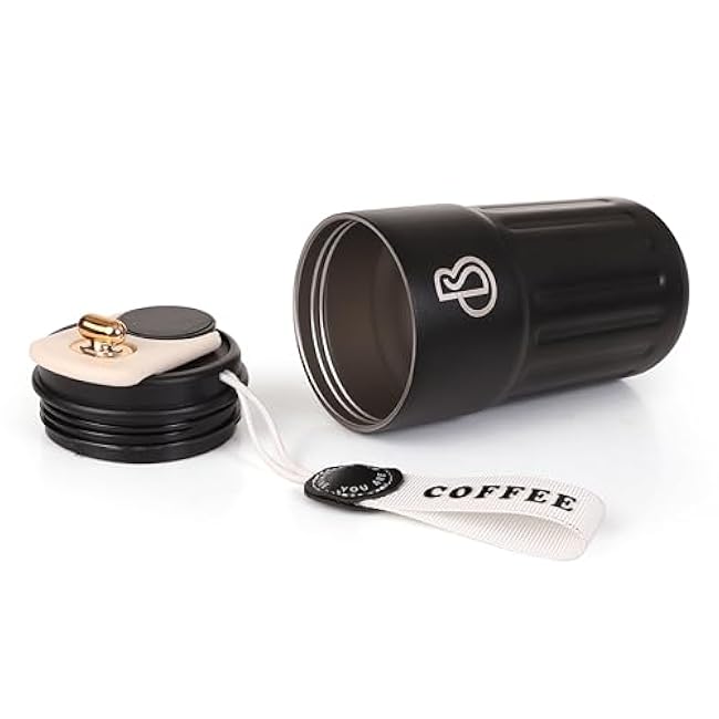 Vacuum Insulated Coffee Tumbler with Lid, 14 oz (400 ml), Double Wall Stainless Steel Coffee Mug with Handle Strap, Leak Proof Reusable Portable Thermos Cup for Hot & Cold Drinks ¨C Black