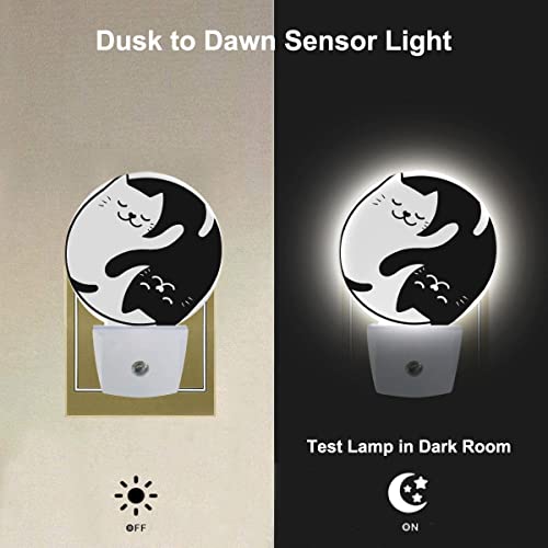 Image of Tai Chi Cat Nightlight Two Black White Cats Kitten Night Lights Plug into Wall Dusk to Dawn Sensor Round Night Light for Adults Boys Girls, 0.5W Energy Efficient
