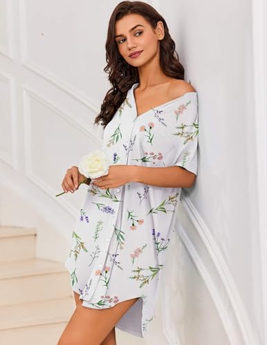 Image of Ekouaer Women V Neck Button Down Nightgown