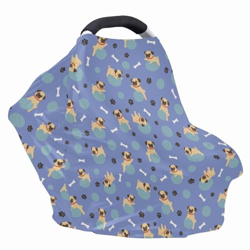 Image of Binienty Cute Pug Infant Carseat Canopy, Dog Paw Prints Breathable Breastfeeding Scarf for Moms, Stretchy Fabric All-Season Use Baby Stroller Canopies